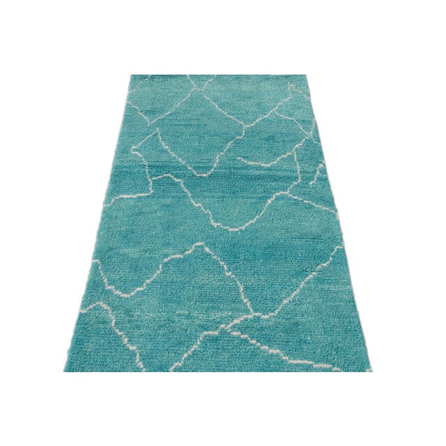 Modern Turquoise Moroccan Style Handmade Wool Runner For Sale - Image 10 of 11