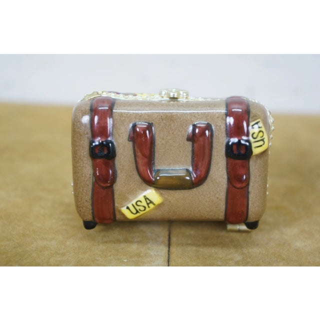 Brown Late 20th Century Limoges France Porcelain Trinket Keepsake Suitcase Luggage Box Usa 2.5" For Sale - Image 8 of 11