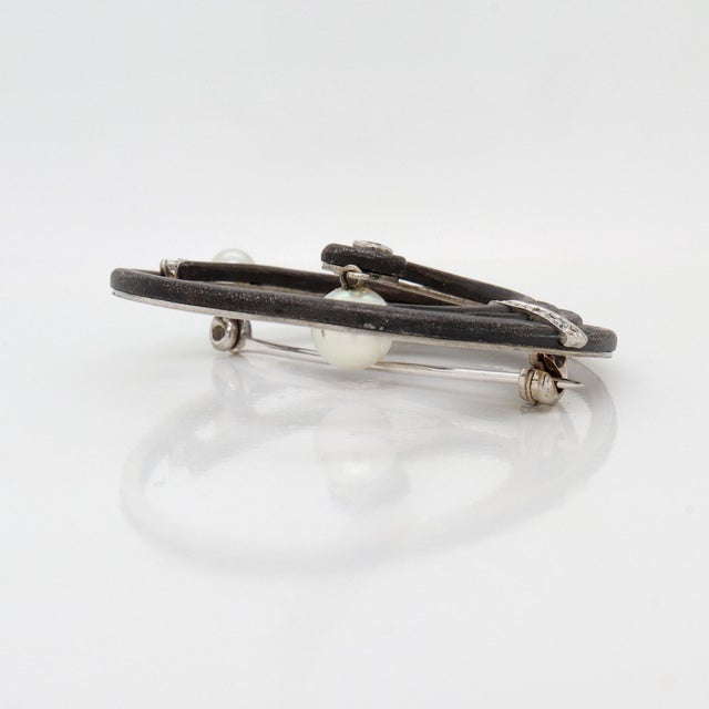 Marsh & Co. Art Deco Blackened Steel, 14k Gold, Pearl, & Diamond Brooch or Pin For Sale In Philadelphia - Image 6 of 10