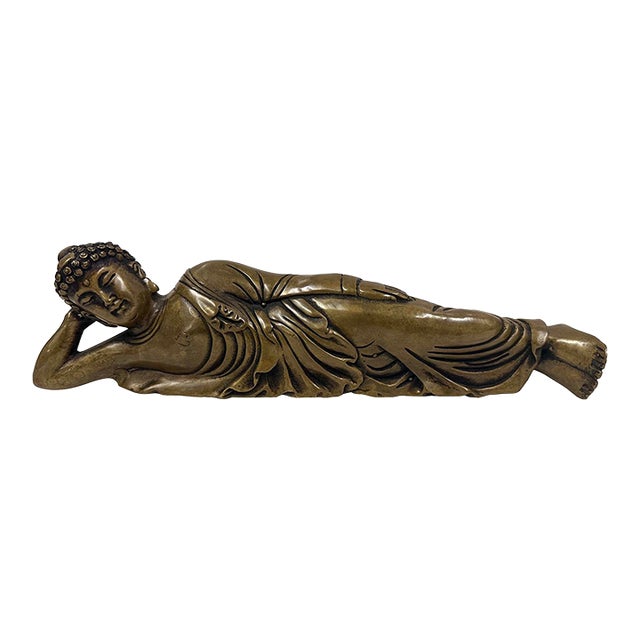 20th Century Antique Chinese Handcrafted Brass Reclining Buddha Statue For Sale