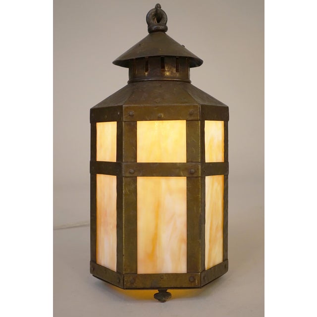 Arts & Crafts 1910s Arts & Crafts Copper Iron Stained Glass Mission Hexagon Chimney Lantern Hanging Lamp 1910's For Sale - Image 3 of 14