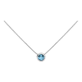.925 Sterling Silver 7MM Bezel Set Created Blue Topaz Pendant Necklace - 18" Inches For Sale