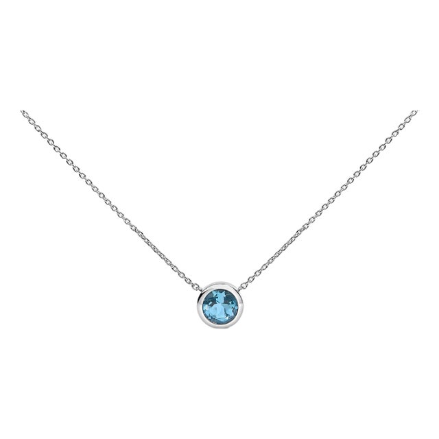 .925 Sterling Silver 7MM Bezel Set Created Blue Topaz Pendant Necklace - 18" Inches For Sale