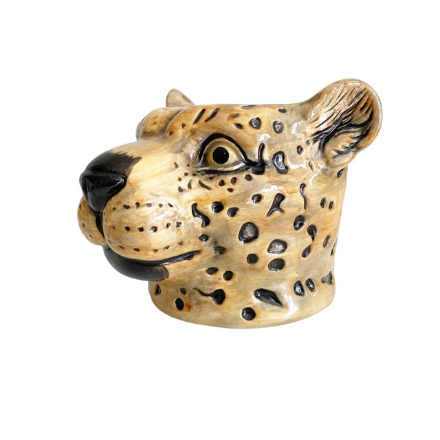 African Ceramic Leopard Head Vase or Planter For Sale - Image 3 of 10
