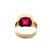 Ring featuring a striking emerald-cut deep red gemstone set in a solid 14K yellow gold mounting. Weighing 6.61 grams and...