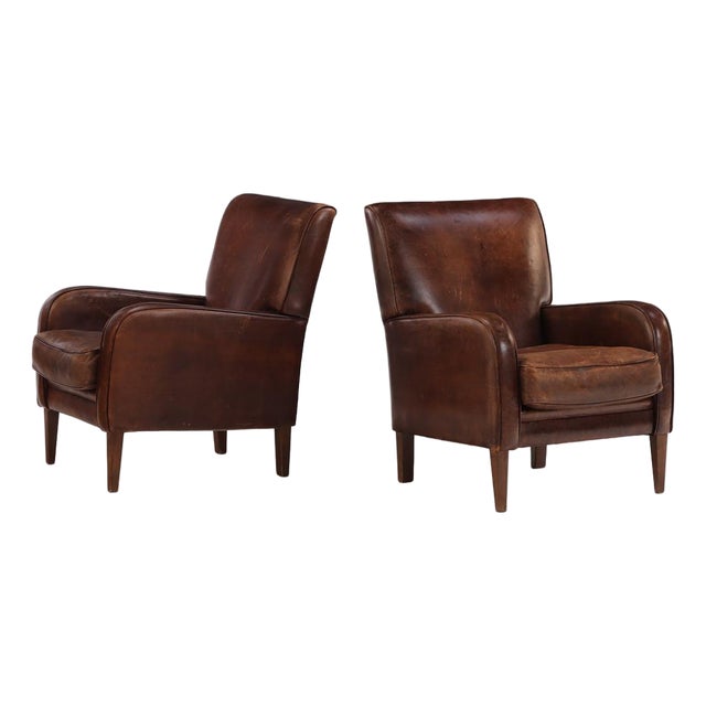 A Pair of Dutch Art Deco Style Leather Club Chairs, C. 1960. For Sale