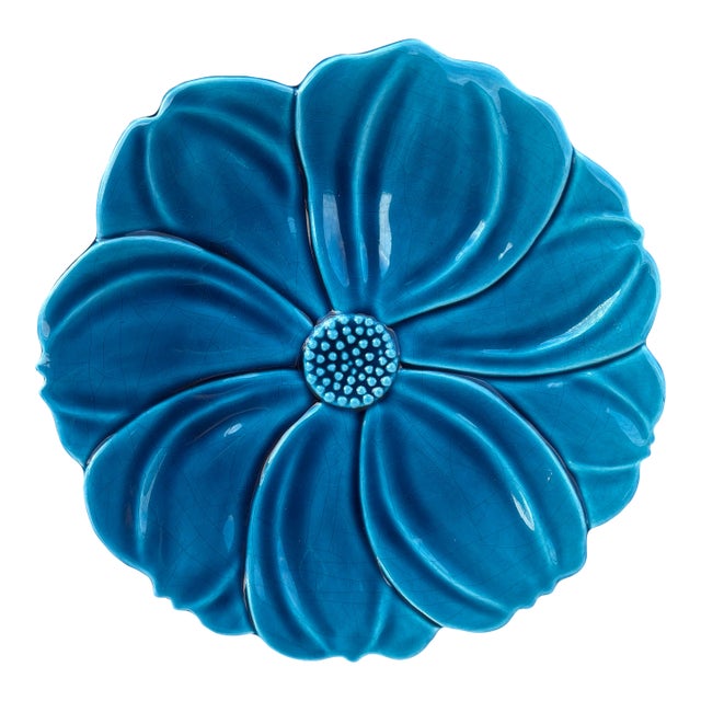 Large French Mid-Century Majolica Blue Flower Platter Charolles For Sale