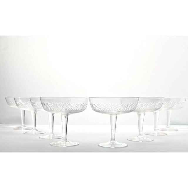 1950s Vintage Mid-century 8 Coupe Champagne Glasses Criss-Cross X Fishnet Cuts Excellent condition. No chips, cracks, or...