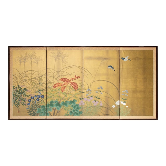 "Seven Autumn Flowers" by Essen, Late Showa Era Japanese Byobu Screen For Sale
