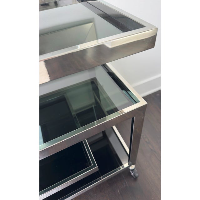 Early 21st Century Contemporary Single Greek Key Polished Steel Bar Cart For Sale - Image 5 of 12