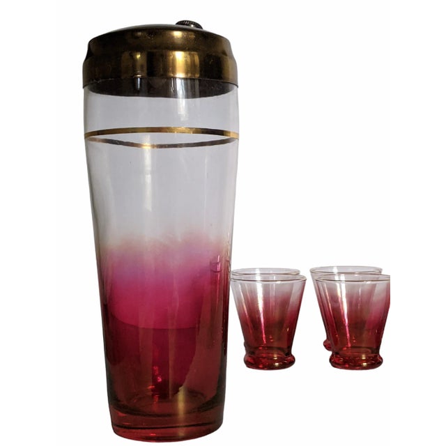 Raspberry Red Vintage Blendo Cranberry Pink Glass Barware Cocktail Shaker and Set of 6 Glasses For Sale - Image 8 of 11