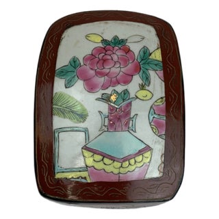 1950s Vintage Hand Painted Lacquer Box With Porcelain Tile Lid For Sale