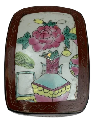 1950s Vintage Hand Painted Lacquer Box With Porcelain Tile Lid