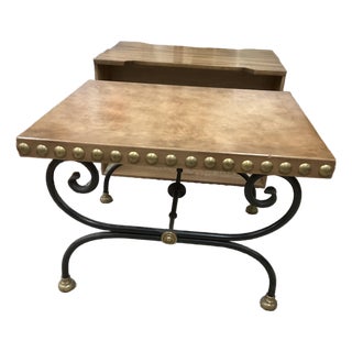 1960s Parisian Maison Jansen-Style Hand-Forged Iron and Leather Cocktail Table For Sale