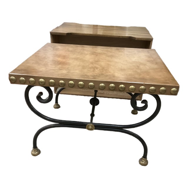 1960s Parisian Maison Jansen-Style Hand-Forged Iron and Leather Cocktail Table For Sale