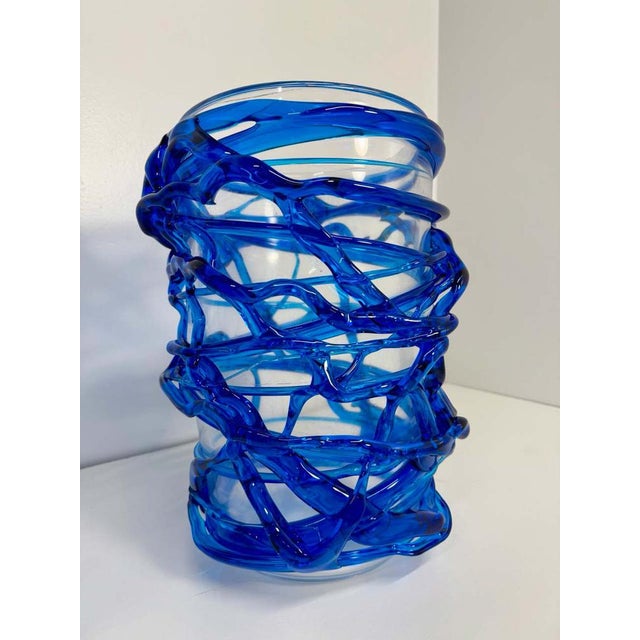 Italian Art Deco Style Cobalt Blue Murano Glass Vases by Cenedese, 2000s, Set of 2 For Sale - Image 7 of 9