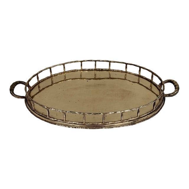 Vintage Oval Brass Faux Bamboo Gallery Rail Tray For Sale