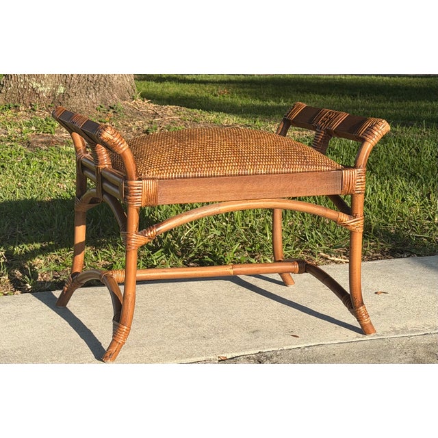 Late 20th Century Vintage Palm Beach Woven Rattan and Wood Foot Stool For Sale - Image 5 of 12