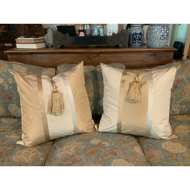 22” Couture‑Inspired Silk‑Like Satin Jacquard Pillows With Tassel & Metal Keeper – Feather Filled – Pair For Sale - Image 4 of 7