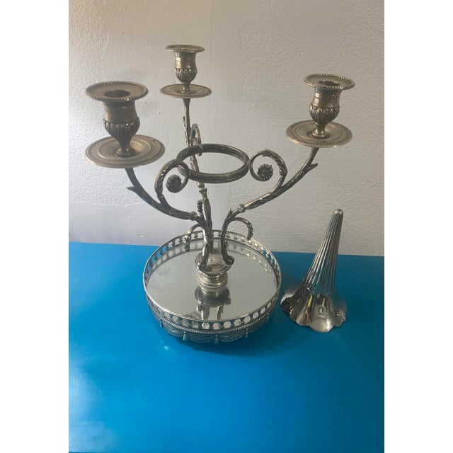 Hollywood Regency Late 20th Century Godinger Silverplate Centerpiece With Mirrored Base, Candle Holders, and Vase For Sale - Image 3 of 7