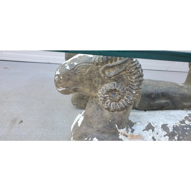 1980s Coffee Table Double Rams Head Sculpted Plaster Twin Bases With Glass Top For Sale - Image 4 of 13