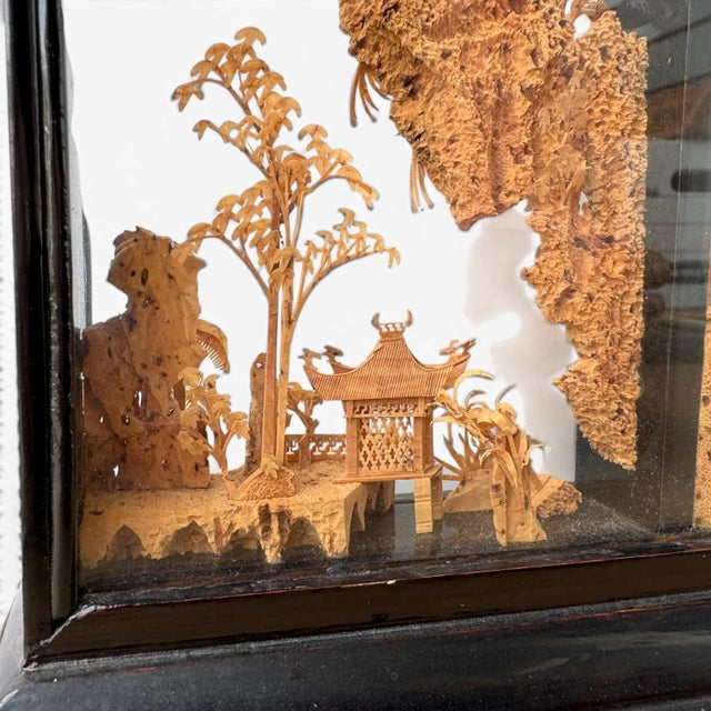 Wood Large Mid‑20th C Chinese Cork Carving Diorama – Pagodas, Bridges & Landscape Scene For Sale - Image 7 of 9