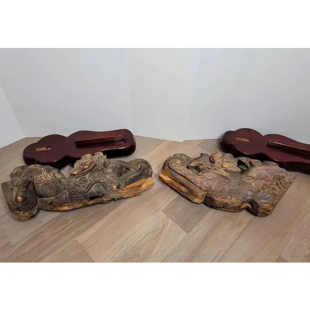 Antique Chinese Carved Polychrome Foo Dog Lion Architectural Corbels - a Pair For Sale - Image 10 of 11