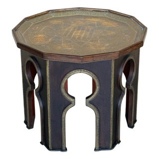 Mid 20th Century Hand Carved Wood Moroccan Side Table with Embossed Metal Top For Sale