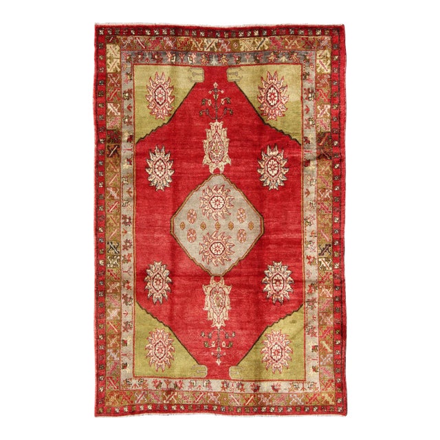 Mid 20th Century Vintage Turkish Konya Rug With Medallion in Red, Lime Green, Gray, Yellow, and Ivory For Sale