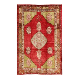 Mid 20th Century Vintage Turkish Konya Rug With Medallion in Red, Lime Green, Gray, Yellow, and Ivory