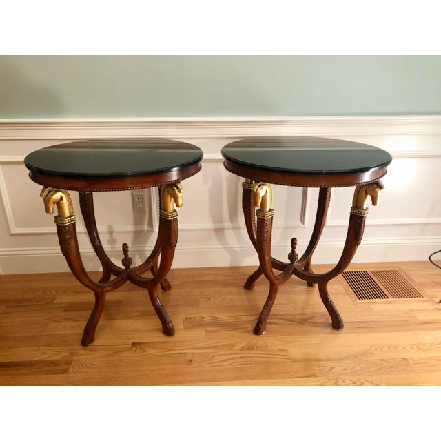 French Maison Charles Style Marble Top Trojan Horse Side Tables - a Pair For Sale - Image 9 of 9