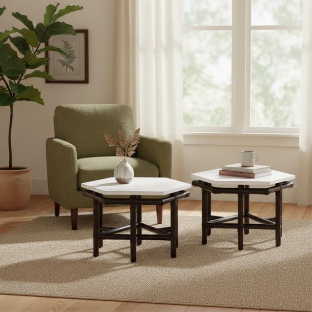 Pair of Ficks Reed Dark Rattan and White Hexagon Side Tables 1950s For Sale - Image 10 of 12