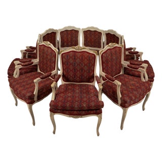 1970s French Provincial Dining Chairs Louis XV Style White Frame Upholstered -Set of 9 For Sale