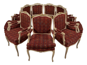 1970s French Provincial Dining Chairs Louis XV Style White Frame Upholstered -Set of 9