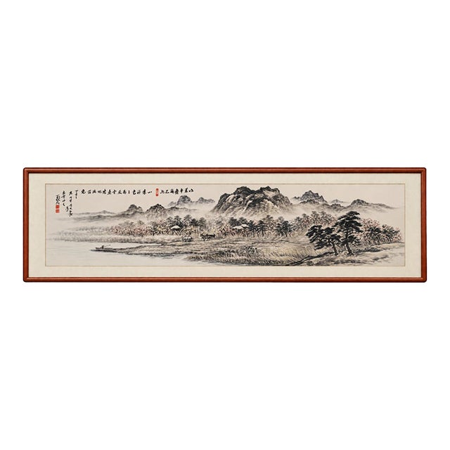Vintage Chinese Mountain Landscape Ink Wash Painting, Framed Horizontal Scroll Art For Sale