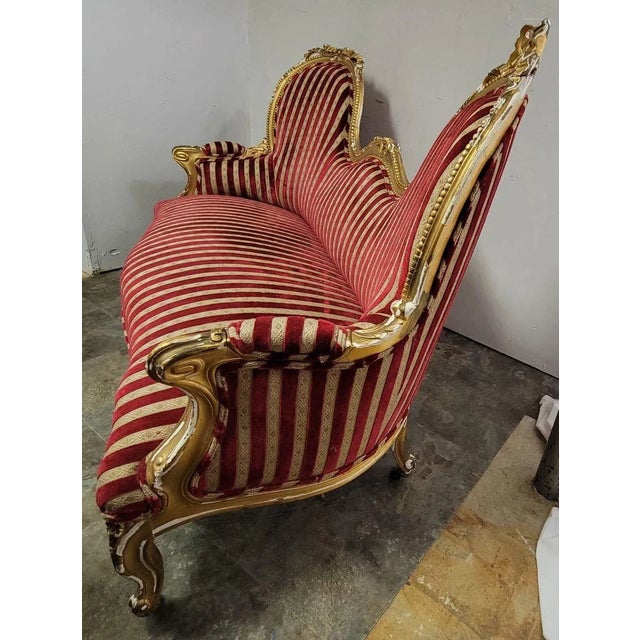 Antique French Striped Baroque Carved Giltwood Chairs and Sofa Set - Project For Sale - Image 10 of 12
