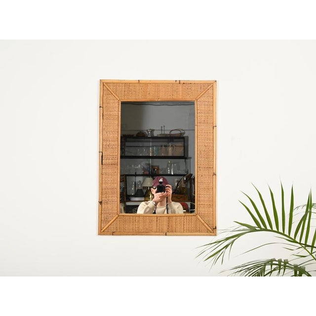 Tan Large French Riviera Rectangular Mirror in Bamboo and Woven Rattan, Italy, 1970s For Sale - Image 8 of 11