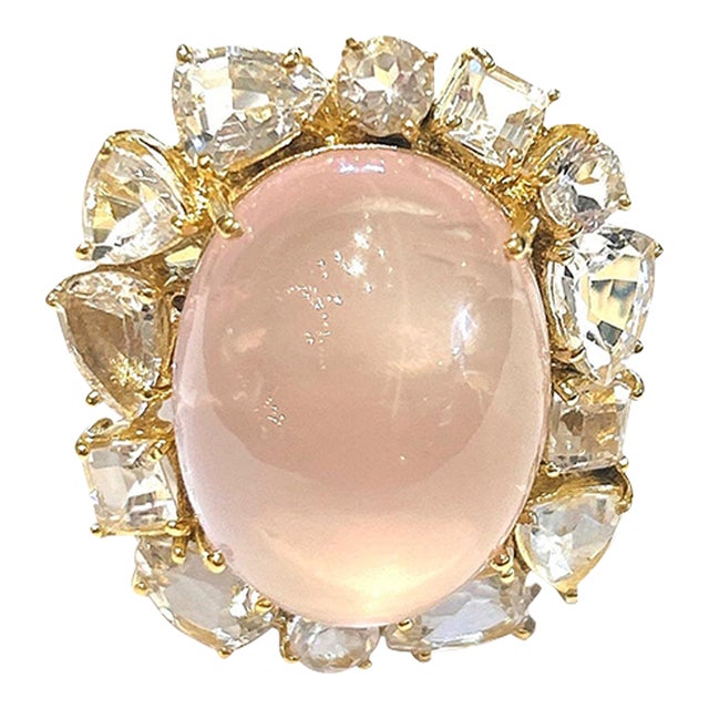 Bochic “Orient” Rose Quartz & White Topaz Cluster Ring Set 18k & Silver Size 4 For Sale