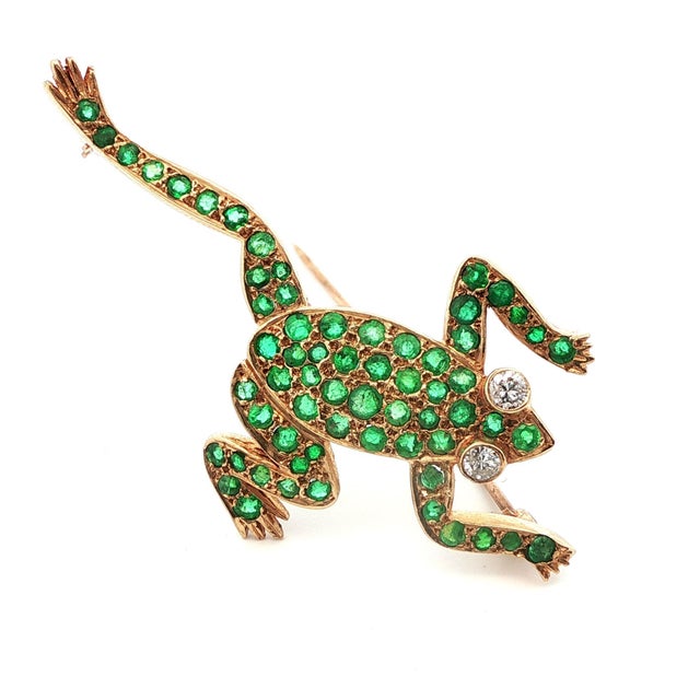 1980s 14k Yellow Gold Diamond & Emerald Frog Pin For Sale - Image 12 of 13