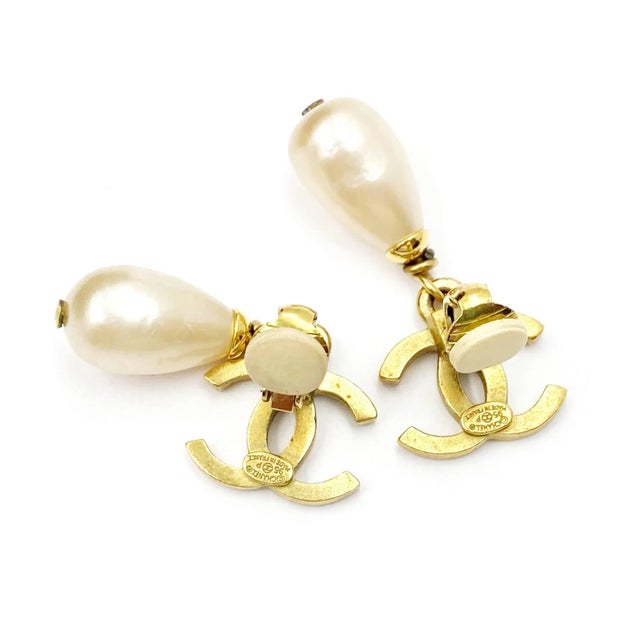 Chanel Vintage Chanel Gold Plated CC Pearl Dangle Clip on Earrings - 2 Pieces For Sale - Image 4 of 5