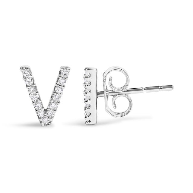 Contemporary 10K White Gold 1/10 Cttw Diamond 'V' Initial Stud Earring For Sale - Image 3 of 5
