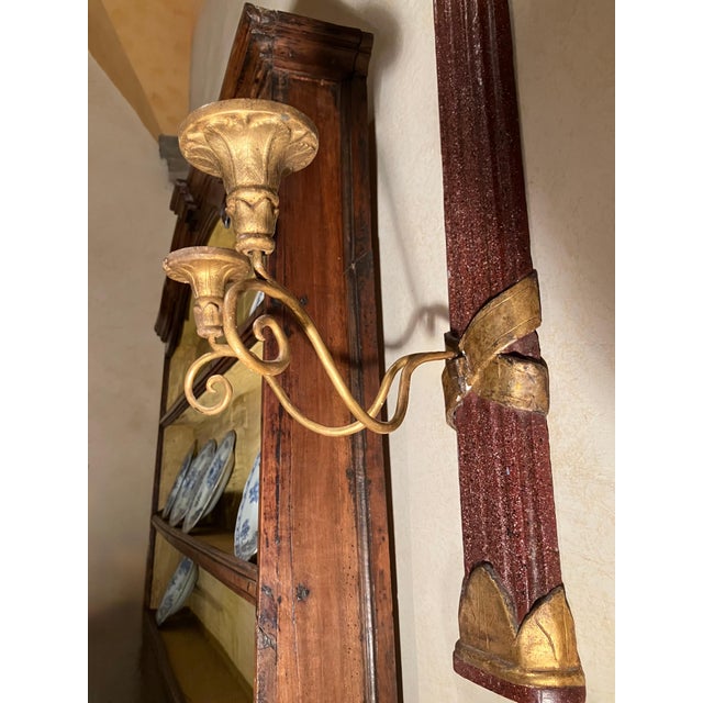 19th Century Antique Tuscan Giltwood and Faux Porphyry Wall Sconces, Set of 2 For Sale - Image 4 of 14