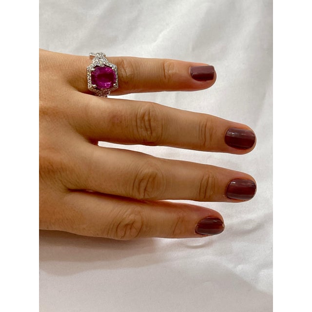 Pink Gia 4.76 Ct Pink Cushion Sapphire & 1.2 Ct Diamond 18 Kt White Gold Ring, Estate For Sale - Image 8 of 8