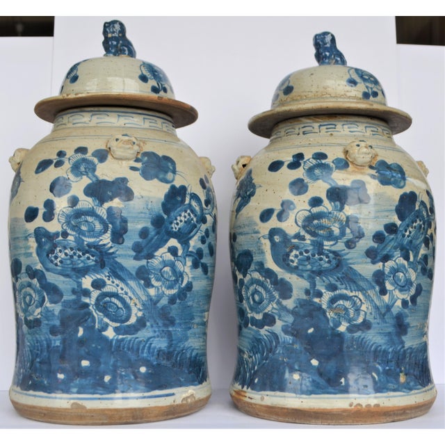 These are a pair of contemporary attractive pair of large indigo blue and bone Chinese porcelain temple / ginger jars....