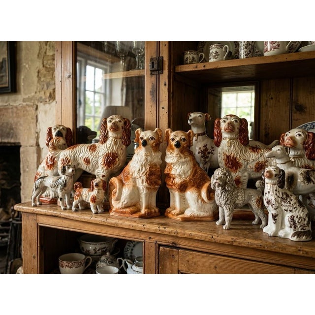English 19th Century Antique Pair Bo’Ness Wally Spaniel Mantel Dogs - Staffordshire Style Scottish Pottery W/Glass Eyes & Gilt Details - 12.5” See Pics! For Sale - Image 3 of 12
