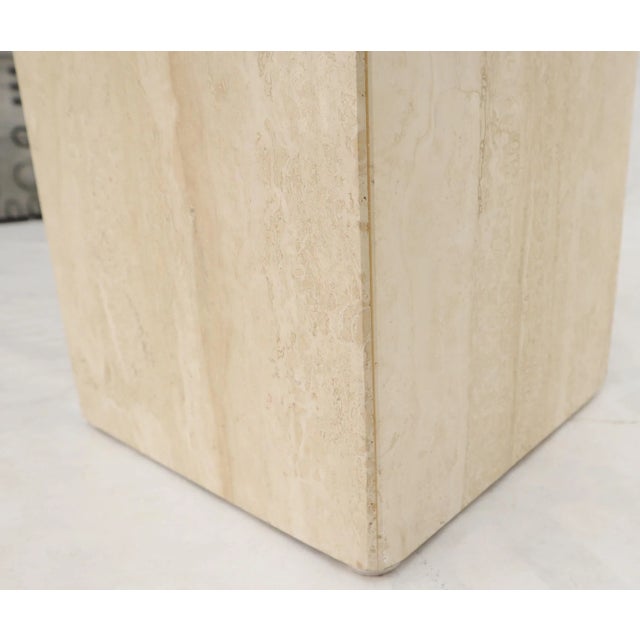 Pair of Mid-Century Modern Travertine & Brass Bases Square Glass Tops End Tables For Sale - Image 6 of 11