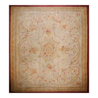 1870s Beige Floral Medallion Antique French Aubusson Rug 13'6" X 14'9" Flatweave Wool Carpet For Sale