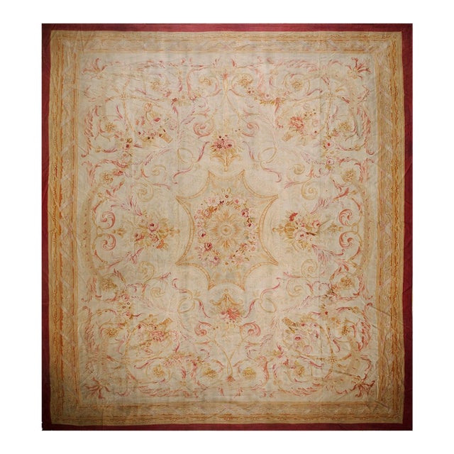 1870s Beige Floral Medallion Antique French Aubusson Rug 13'6" X 14'9" Flatweave Wool Carpet For Sale