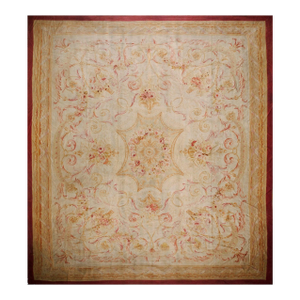 1870s Beige Floral Medallion Antique French Aubusson Rug 13'6" X 14'9" Flatweave Wool Carpet