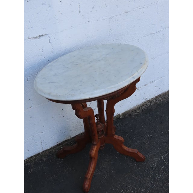 Late 1800s Victorian Eastlake Marble Top Carved Side Table 6909 For Sale - Image 13 of 18